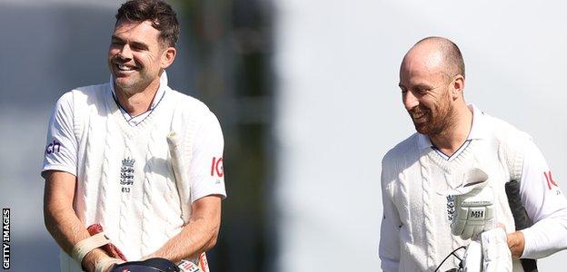 James Anderson and Jack Leach walk off after the match