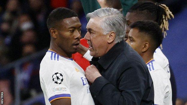 Real Madrid boss Carlo Ancelotti gives instructions to David Alaba