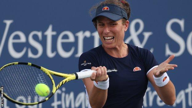 Johanna Konta hits a return at the Western and Southern Open