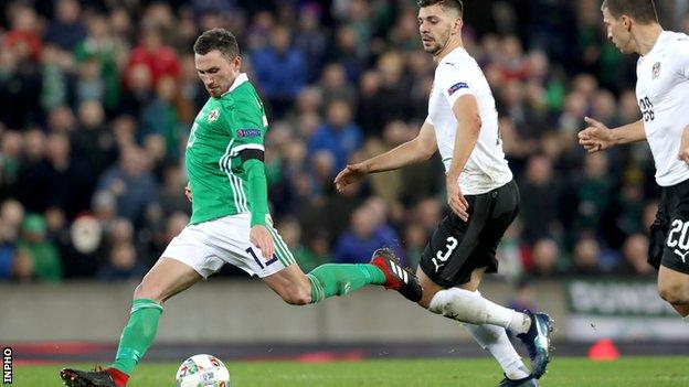 Corry Evans is about to score Northern Ireland's goal against Austria in November