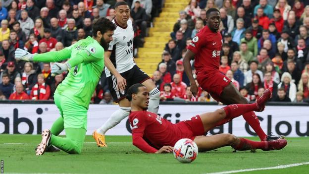 Fulham go close to scoring against Liverpool at Anfield