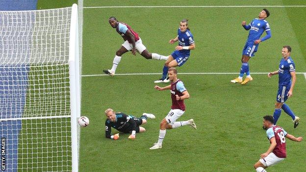 Michail Antonio heads in West Ham's opening goal at Leicester