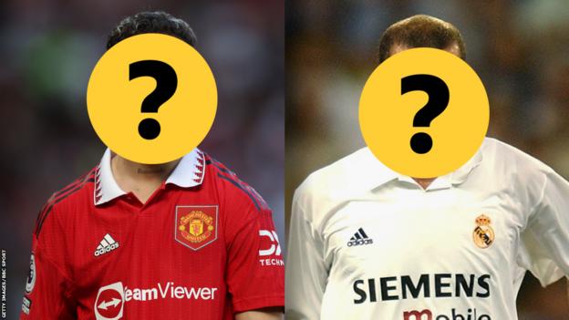 Two footballers who have their faces covered with question marks. One wears a Manchester United kit. The other an older Real Madrid jersey