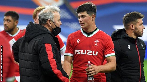 Wales coach Wayne Pivac congratulates Louis Rees-Zammit after the wing came off the bench to win his first cap against France