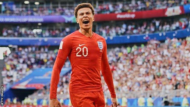 Dele Alli celebrates scoring at the 2018 World Cup