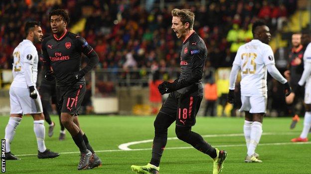 Nacho Monreal celebrates his opener against Ostersunds FK