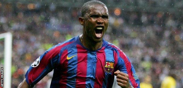 Cameroon's Samuel Eto'o celebrates his goal in the 2006 European Champions League final