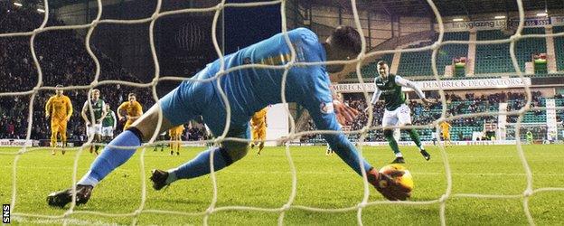 Liam Kelly saved Florian Kamberi's penalty before Hibs found an equaliser