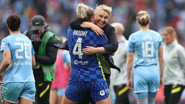 Emma Hayes celebrates with Millie Bright