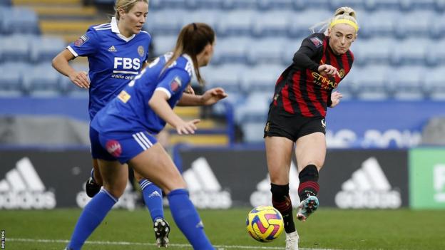Chloe Kelly scores Manchester City's second goal in WSL game v Leicester at King Power Stadium
