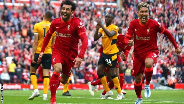 Mohamed Salah celebrates his goal against Wolves