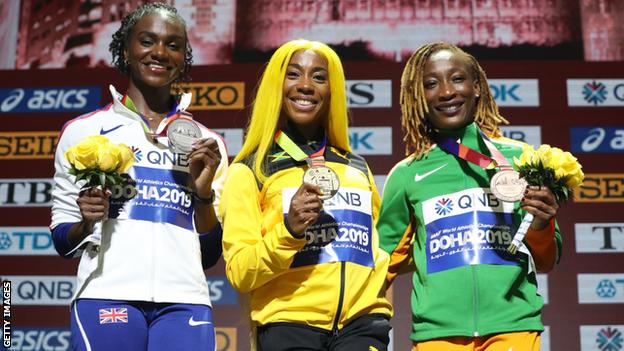 Fraser-Pryce and Asher-Smith at the 2019 World Athletics Championships