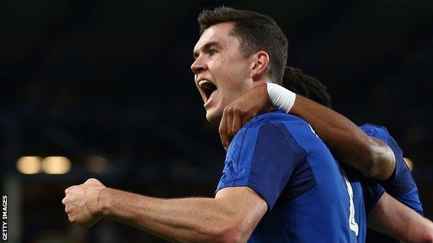 Michael Keane celebrates his first Everton goal