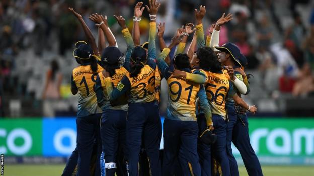 Sri Lanka women's cricket team celebrate together after beating South Africa at the T20 World Cup