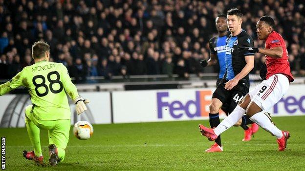 Anthony Martial scores against Club Bruges