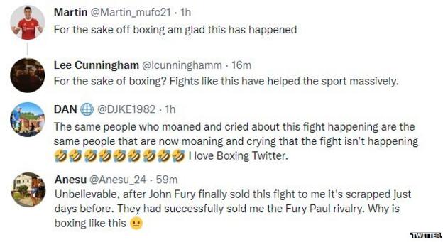 Fans on Twitter discuss Jake Paul v Tommy Fury reportedly being cancelled. One fan says he is "glad this has happened" while another says "Fights like this have helped the sport massively".