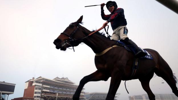 Gavin Sheehan celebrates winning the Coral Gold Cup at Newbury on Datsalrightgino