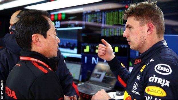 Max Verstappen with Honda technical director Toyoharu Tanabe at pre-season testing in February