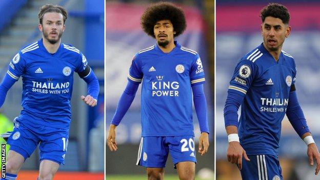 A split image of Leicester players James Maddison (left), Hamza Choudhury (centre) and Ayoze Perez (right)