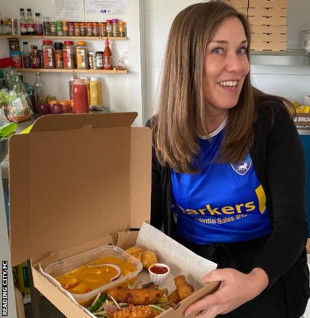 Vicky Pyke shows off the Chinese food box on sale at non-league Reading City
