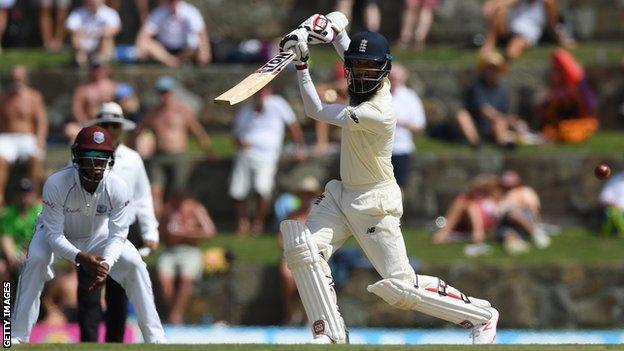 England all-rounder Moeen Ali plays a drive during the second Test against West Indies