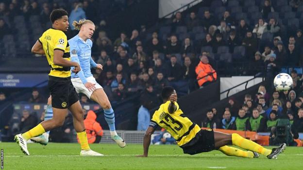 Erling Haaland scores Man City's third goal of the match against Young Boys