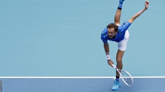 Daniil Medvedev serves against Christopher Eubanks in their Miami Open quarter-final