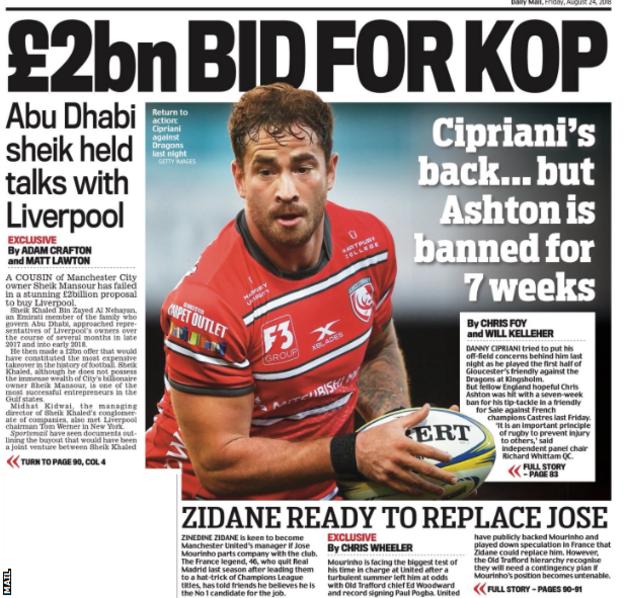 The Daily Mail leads on a filed £2bn bid for Liverpool