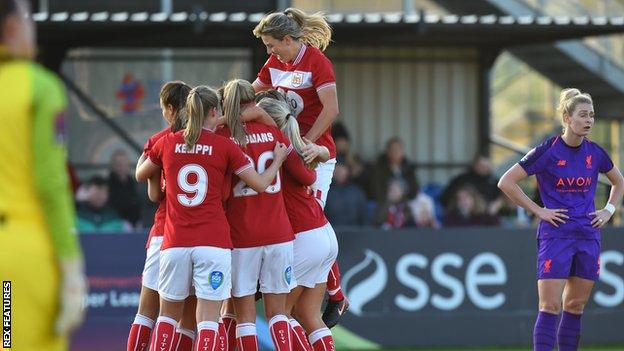 Bristol City Women celebrate Ella Rutherford's goal against Liverpool Women