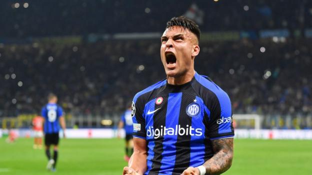 Lautaro Martinez celebrates scoring for Inter Milan