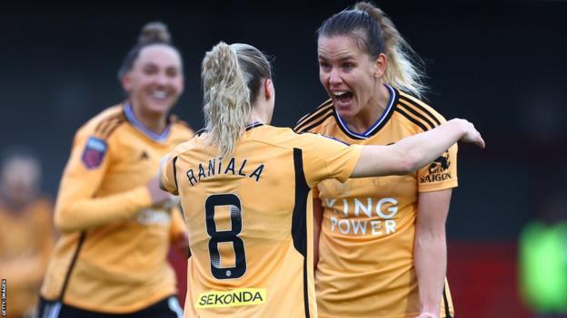 Lena Petermann (right) and Jutta Rantala celebrate a goal for Leicester in the Women's Super League