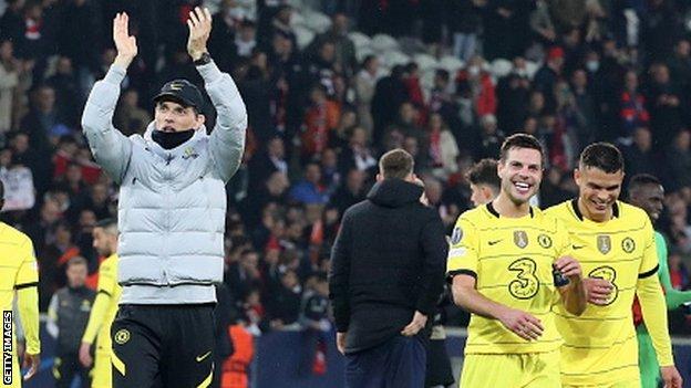 Chelsea manager Thomas Tuchel celebrates following his team's win against Lille OSC