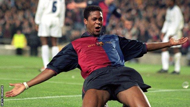 Barcelona's Patrick Kluivert celebrates his winner against Chelsea in 1999-00 Champions League quarter-final