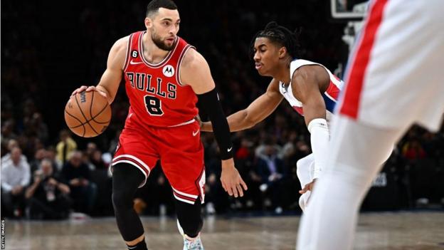 Zach LaVine carries the ball for the Chicago Bulls