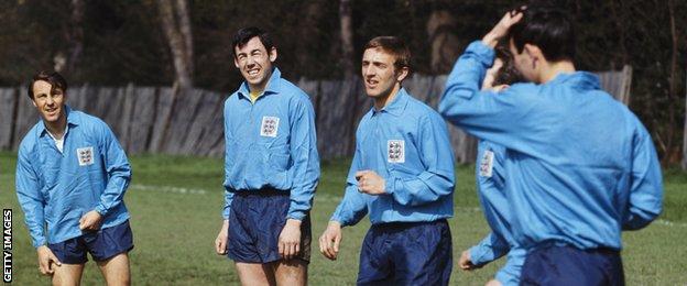 Jimmy Greaves, Gordon Banks and Peter Thompson train in 1966 for England