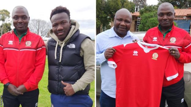 Burundi FA president Alexandre Muyenge with Nestory Irankunda (left) and his father Gideon (right) on a trip to Australia