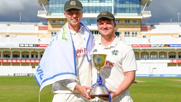 Lyndon James (left) and Liam Patterson-White helped Notts win promotion to the County Championship Premier Division