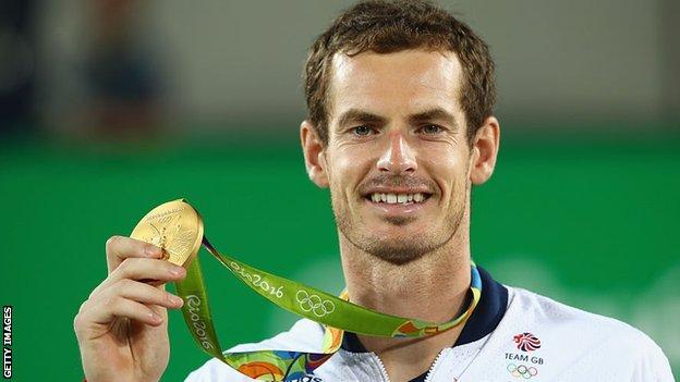 Andy Murray holds up his Rio 2016 Olympics gold medal