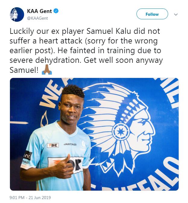 Gent tweet wishing Samuel Kalu well
