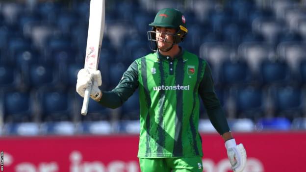 Louis Lewis Kimber celebrates his half-century for Leicestershire Foxes