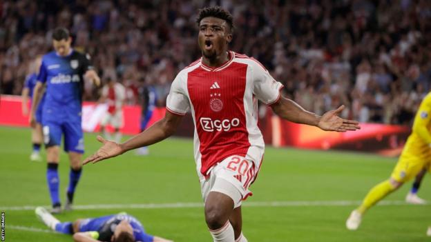 Muhammed Kudus celebrates scoring during Ajax's 4-1 win over Heracles earlier this month