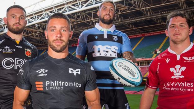 L-R: Dragons' Harrison Keddie, Rhys Webb of Ospreys, Josh Turnbull and Scarlets' Ryan Elias