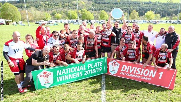 Brecon celebrate winning the league and WRU National Plate
