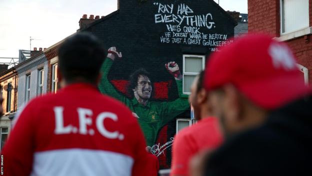 A mural in honor of former Liverpool goalkeeper Ray Clemence near Anfield