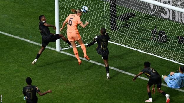 Jill Roord scores for the Netherlands against South Africa astatine  the Fifa Women's World Cup