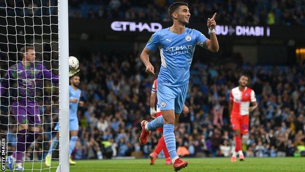 Ferran Torres celebrates a goal for Manchester City