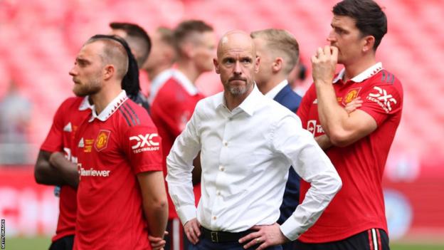 Erik ten Hag looks dejected with Harry Maguire and Christian Eriksen after the FA Cup Final defeat by Manchester City