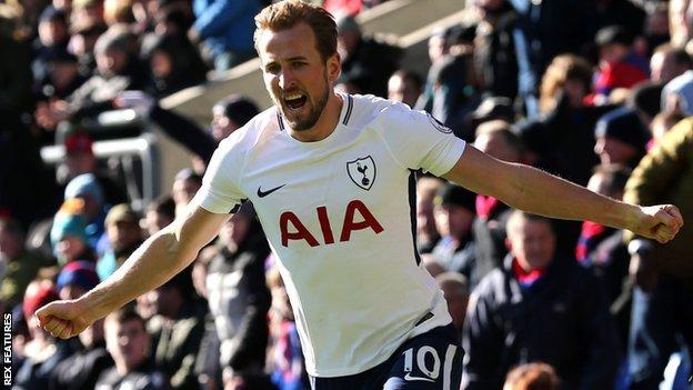 Tottenham forward Harry Kane celebrates scoring against Crystal Palace