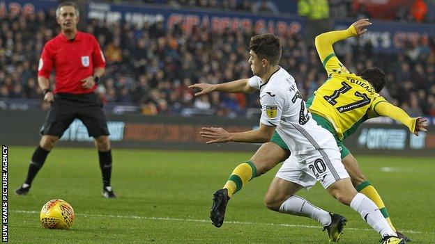 Daniel James scored his first league goal for Swansea in their 4-1 loss to Norwich