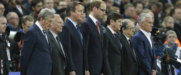 England manager Roy Hodgson, FA chief Greg Dyke, Prime Minister David Cameron, the Duke of Cambridge and France coach Didier Deschamps honoured the victims ahead of kick-off